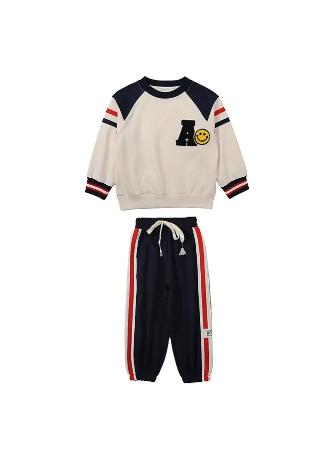 صندوق المفاجآت الصغيرة Casual Letter A Monogram Designed Cream & Navy 2Pcs Track Suit Set For Kids & Tweens