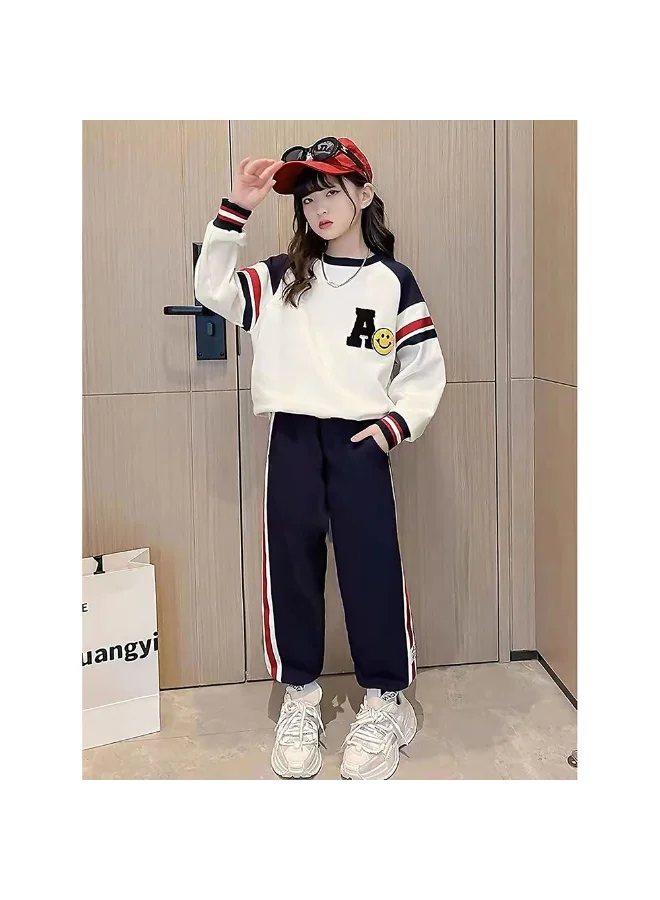 LITTLE SURPRISE BOX Casual Letter A Monogram Designed Cream & Navy 2Pcs Track Suit Set For Kids & Tweens