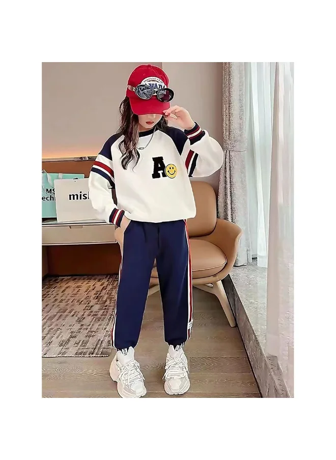 صندوق المفاجآت الصغيرة Casual Letter A Monogram Designed Cream & Navy 2Pcs Track Suit Set For Kids & Tweens