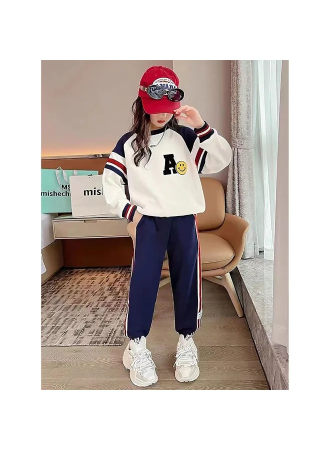 LITTLE SURPRISE BOX Casual Letter A Monogram Designed Cream & Navy 2Pcs Track Suit Set For Kids & Tweens