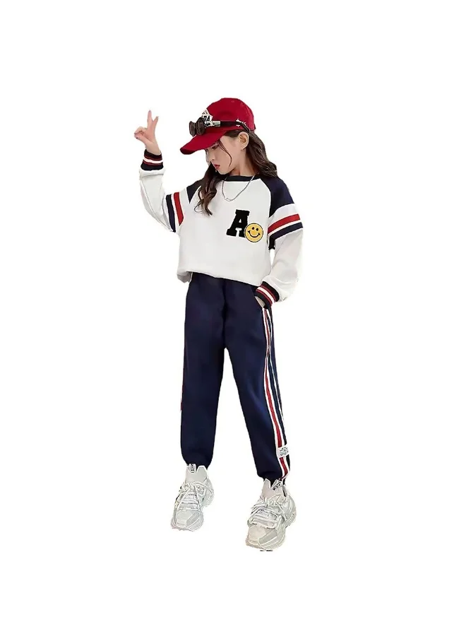 LITTLE SURPRISE BOX Casual Letter A Monogram Designed Cream & Navy 2Pcs Track Suit Set For Kids & Tweens