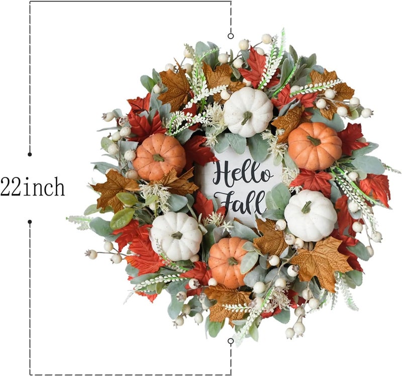 Bibelot Fall Wreaths for Front Door, 22 Inch Autumn Maples Leaf Pumpkin Berry Wreath with Hello Fall sign, Fall Decorations for Thanksgiving Halloween Farmhouse Harvest Home Outdoor Indoor Window Wall - Image 3