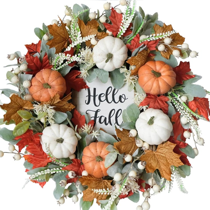 Bibelot Fall Wreaths for Front Door, 22 Inch Autumn Maples Leaf Pumpkin Berry Wreath with Hello Fall sign, Fall Decorations for Thanksgiving Halloween Farmhouse Harvest Home Outdoor Indoor Window Wall - Image 1
