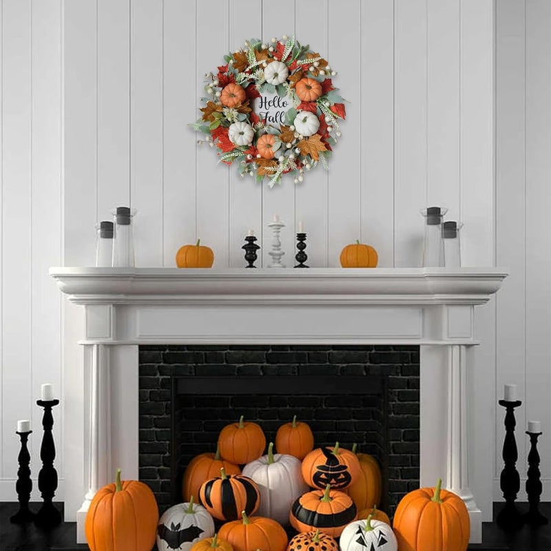 Bibelot Fall Wreaths for Front Door, 22 Inch Autumn Maples Leaf Pumpkin Berry Wreath with Hello Fall sign, Fall Decorations for Thanksgiving Halloween Farmhouse Harvest Home Outdoor Indoor Window Wall - Image 5