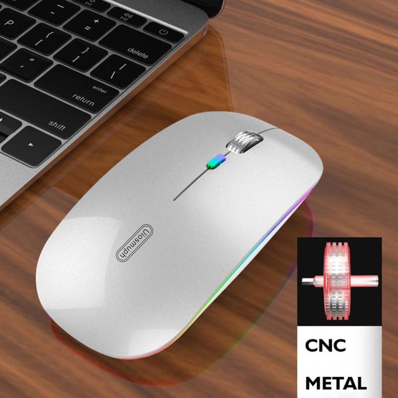 Uiosmuph LED Wireless Mouse, G12 Slim Rechargeable Silent Mouse, 2.4G Portable Optical Computer Mice with USB Receiver and Type C Adapter (Silver) - Image 3
