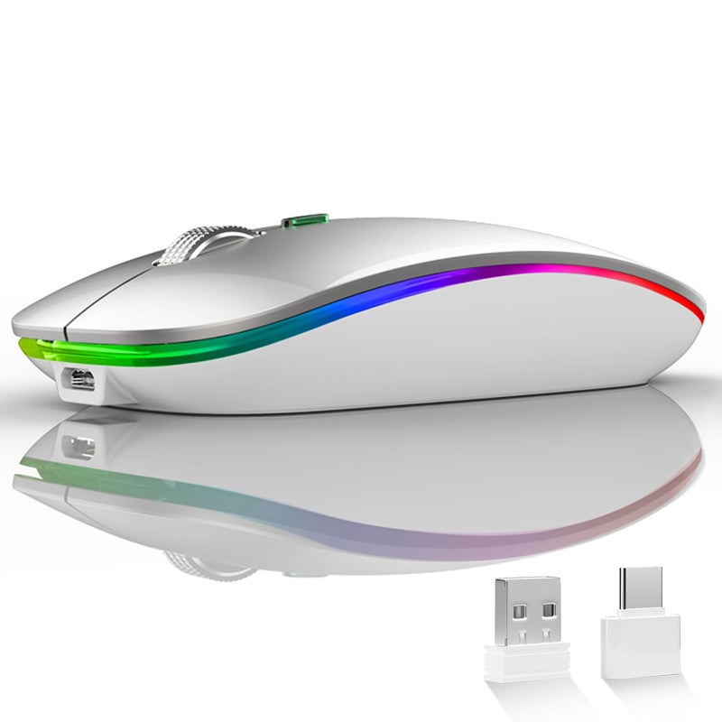 Uiosmuph LED Wireless Mouse, G12 Slim Rechargeable Silent Mouse, 2.4G Portable Optical Computer Mice with USB Receiver and Type C Adapter (Silver) - Image 1