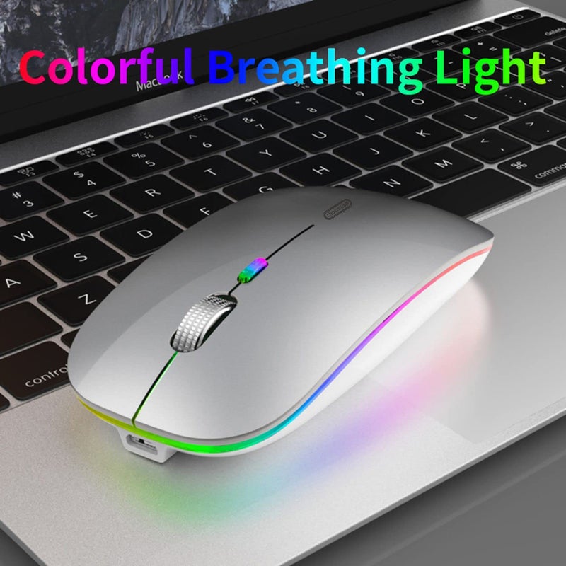 Uiosmuph LED Wireless Mouse, G12 Slim Rechargeable Silent Mouse, 2.4G Portable Optical Computer Mice with USB Receiver and Type C Adapter (Silver) - Image 2