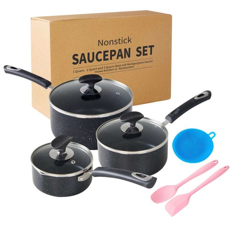 HooJay Nonstick Saucepan with Lid Non Stick 1Qt  2Qt  3Qt Sauce Pan Set with Silicone HandleSmall Milk Pot with Glass Lid for Home Kitchen