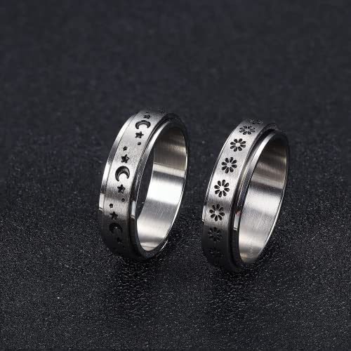 FUNRUN JEWELRY خواتم فجرون 4 قطع من الفولاذ المقاوم للصدأ لتخفيف القلق للنساء والرجال، خواتم دوارة على شكل قمر ونجمة وكيلتيك، مجموعة خواتم زفاف بحجم 8 - Image 5