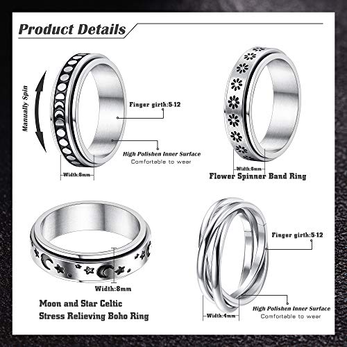 FUNRUN JEWELRY خواتم فجرون 4 قطع من الفولاذ المقاوم للصدأ لتخفيف القلق للنساء والرجال، خواتم دوارة على شكل قمر ونجمة وكيلتيك، مجموعة خواتم زفاف بحجم 8 - Image 2