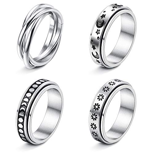 FUNRUN JEWELRY خواتم فجرون 4 قطع من الفولاذ المقاوم للصدأ لتخفيف القلق للنساء والرجال، خواتم دوارة على شكل قمر ونجمة وكيلتيك، مجموعة خواتم زفاف بحجم 8 - Image 1