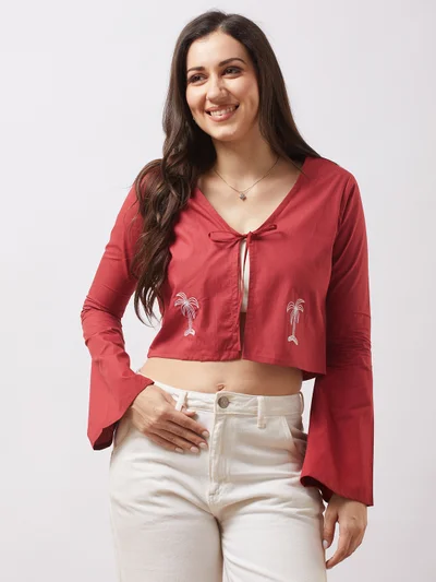 globus Women Brown Tie-Up V-Neck Bell Sleeves Embroidered Detail Front Open Crop Top