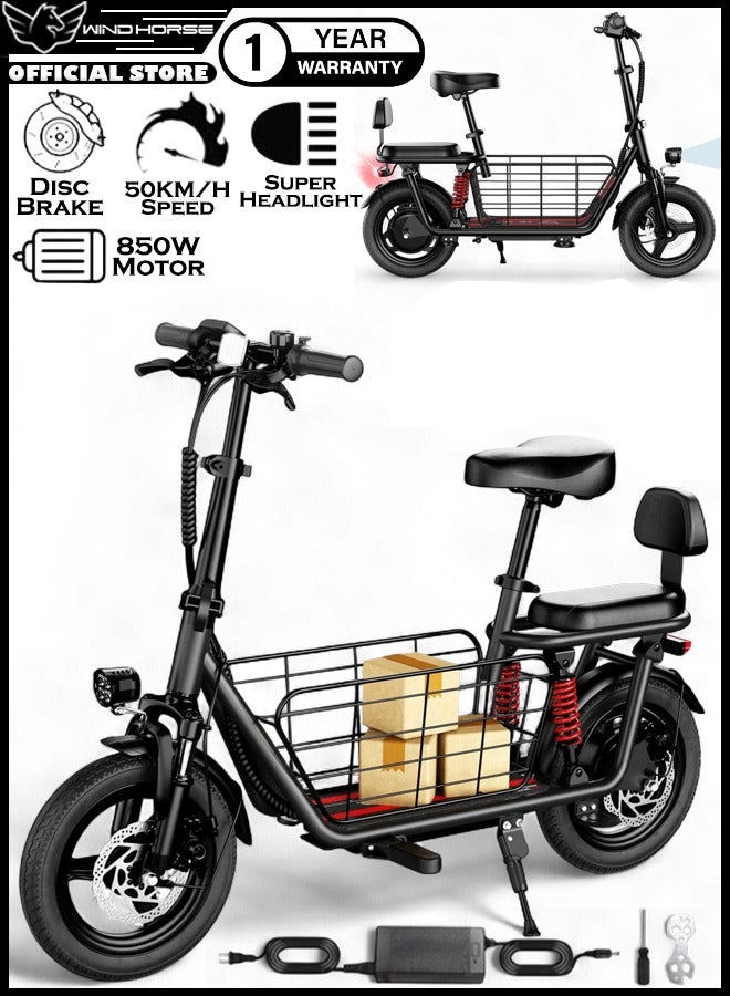 حصان الريح سكوتر كهربائي C3 بمحرك 850 واط مع مقعد مزدوج، بطارية 48 فولت 10 أمبير/ساعة، سرعة 50 كم/ساعة، مدى 40 كم، نظام تعليق مزدوج وسلة تخزين، سكوتر كهربائي - Image 1