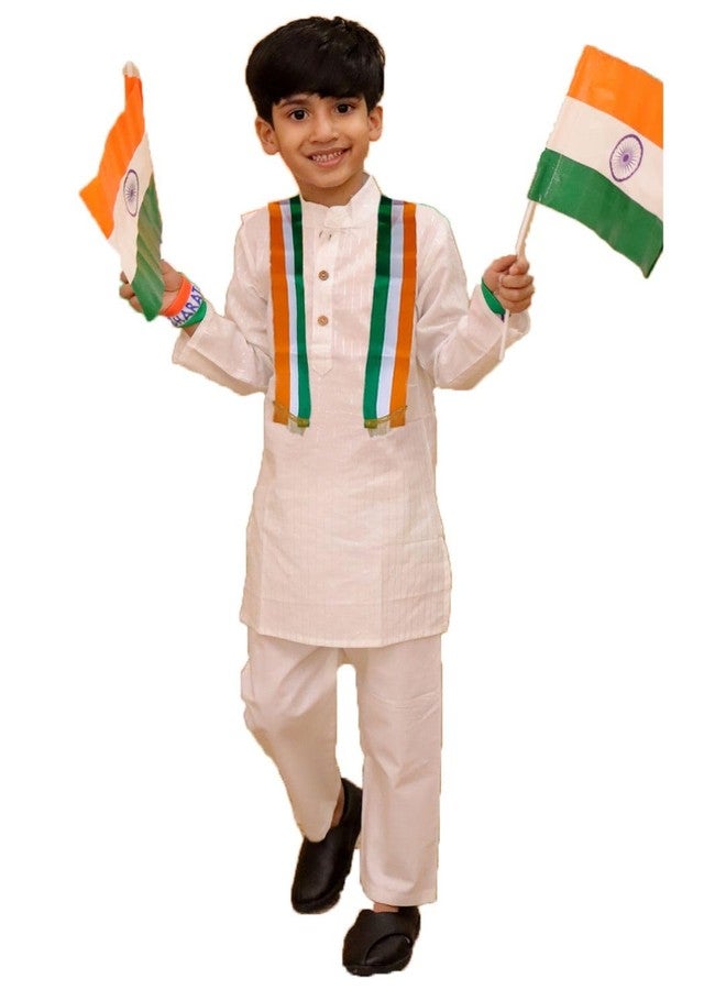 AJ Dezines طقم كورتا باجاما أبيض مخطط مطبوع بأكمام كاملة من AJ DEZINES للأولاد - ملابس تقليدية | ملابس عيد الاستقلال والجمهورية | طقم كورتا باجاما للأولاد - مقاس عادي | أبيض-7 - Image 1