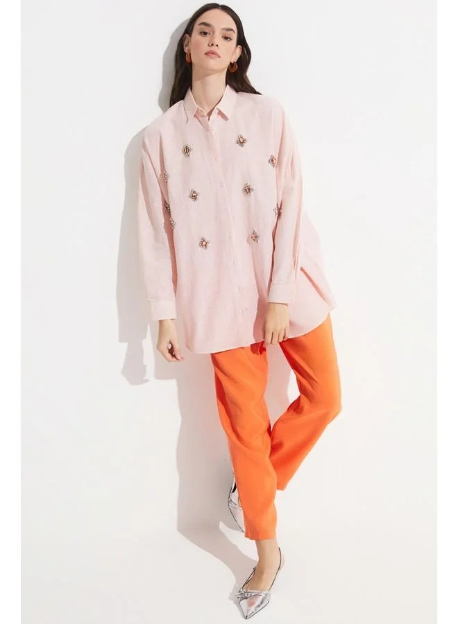 JUNE June Women Exclusive Boyfriend/Wide Fit Stone Detailed Linen Blend Shirt Orange