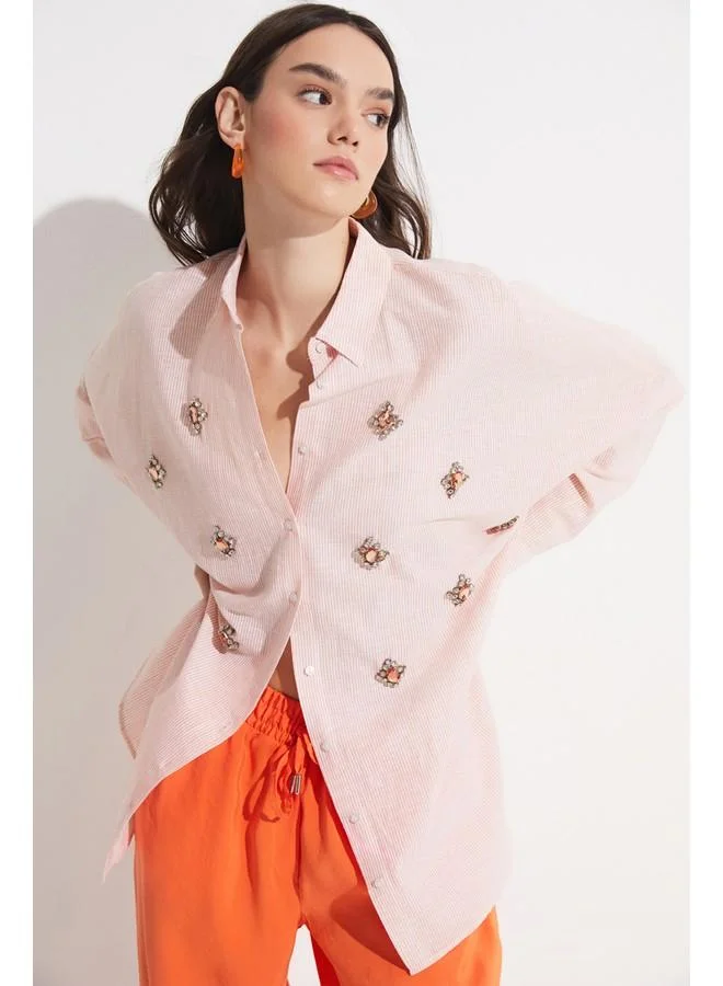 JUNE June Women Exclusive Boyfriend/Wide Fit Stone Detailed Linen Blend Shirt Orange