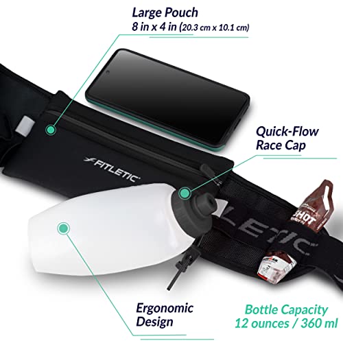 Fitletic Hydration Running Belt With 12oz Quick Flow Water Bottle For Men & Women –Race Belt, Gel Holders & Bib Toggles Patented Bounce Free Design, Water Resistant- Fits All Phones – Fully Loaded - Image 5