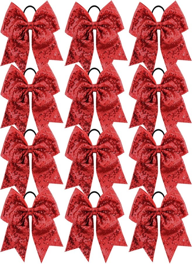 Jeffan 12 Pieces 8 Inch Red Cheer Bows Glitter Jumbo Cheerleading Bow with Elastic Ponytail Holder Bow Hair Tie Band Hair Accessories for School Girls Toddlers - Image 1