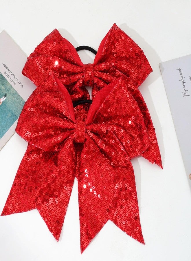 Jeffan 12 Pieces 8 Inch Red Cheer Bows Glitter Jumbo Cheerleading Bow with Elastic Ponytail Holder Bow Hair Tie Band Hair Accessories for School Girls Toddlers - Image 4