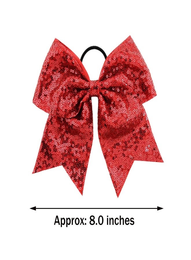 Jeffan 12 Pieces 8 Inch Red Cheer Bows Glitter Jumbo Cheerleading Bow with Elastic Ponytail Holder Bow Hair Tie Band Hair Accessories for School Girls Toddlers - Image 2