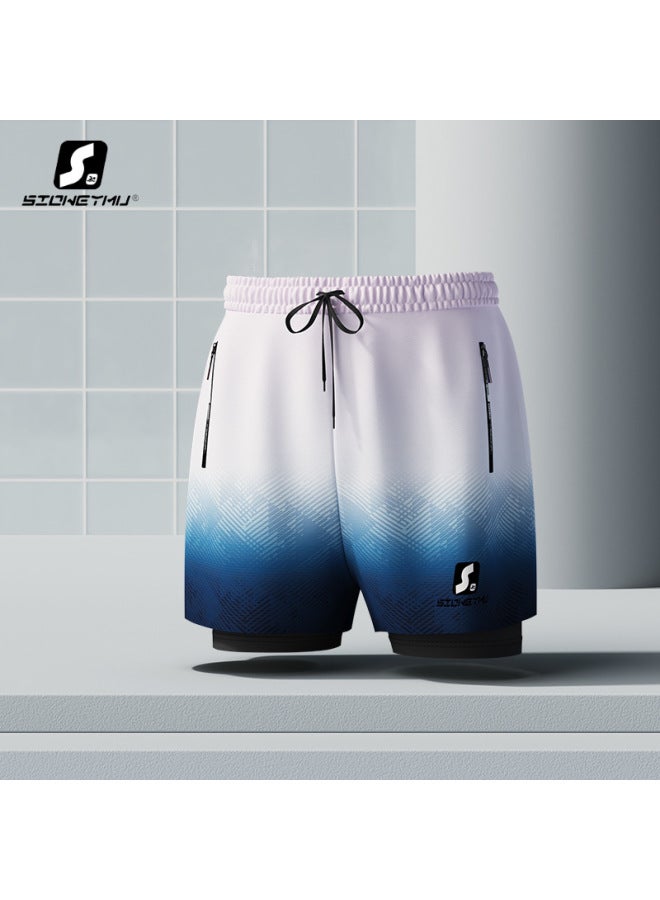 Men's Purple To Blue Gradient Swimming Trunks, Quick-Drying Double-Layer Loose Plus Size Swimwear