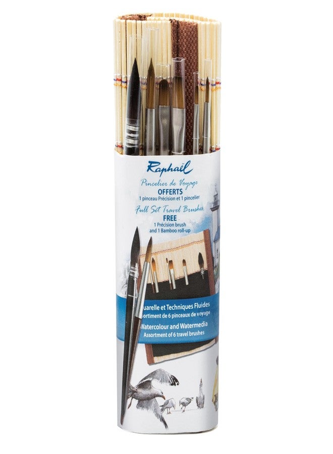 Raphael Precision & SoftAqua Mini Travel Brush Set, Bamboo, Round 0, Round 2, Flat 0, Flat 2, Filbert 1, Mop 4, Natural - Image 1