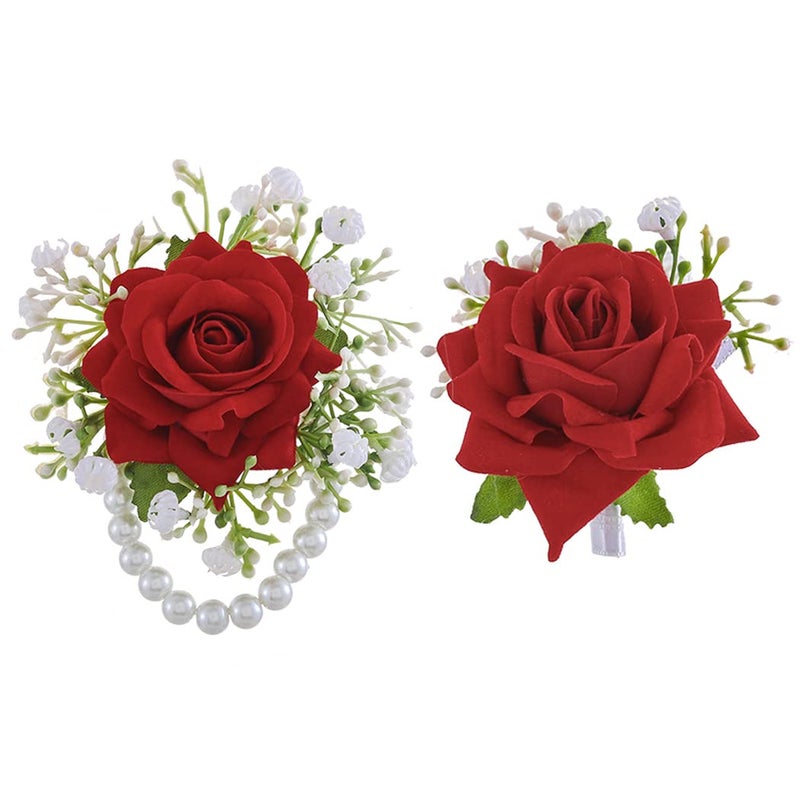Campsis Campsis Wedding Wrist Flower and Corsage Boutonniere Set Rose Hand Flowers Wristband Buttonhole for Bridesmaid Groomsman Best Man Brides RED RED