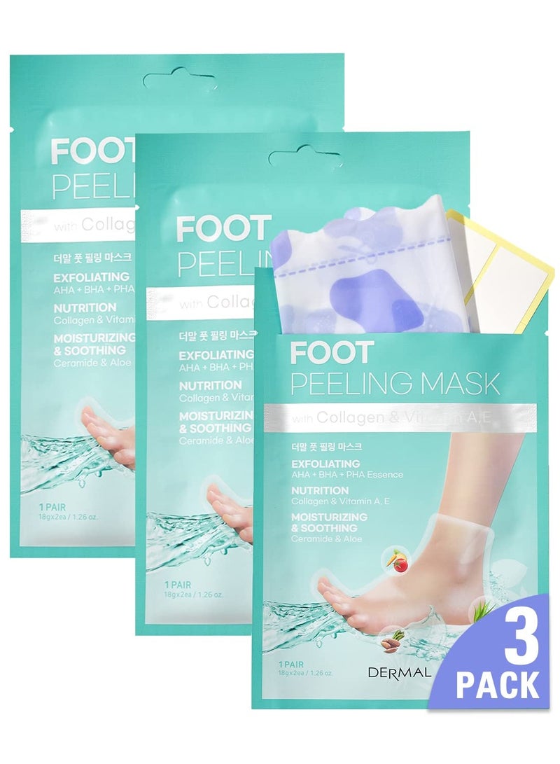 DERMAL DERMAL KOREA Foot Peeling Mask 3 Pack For Dry Foot And Cracked Heel & Callus With Aloe Vera And Collagen - Exfoliating Peel Mask With Aha, Bha, & Pha And For Moisturizing, Soothing & Refreshing Feet  - Image 1