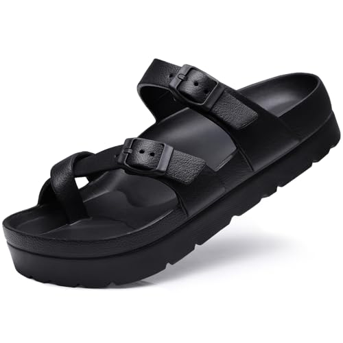 Goosecret Women's Platform Sandals with Arch Support Comfortable Foam Slides Summer Beach Sandals with Adjustable Buckle Black, 39 - Image 1