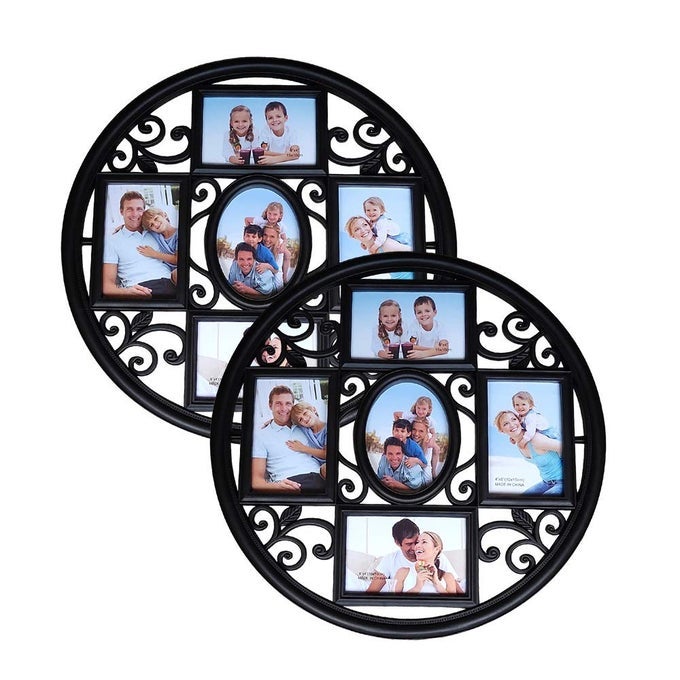 2Pack of 4x6 Wall Photo Collage Frames Round Circular Circle Wall Hanging Picture Collage Frame with Leaf Decoration 5 Opening Black