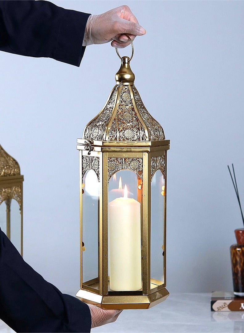 الهدايا مول  فانوس ديكور رمضان بتصميم أنيق – ذهبي – فانوس شموع معدني مزخرف – 52×16 سم - Image 1