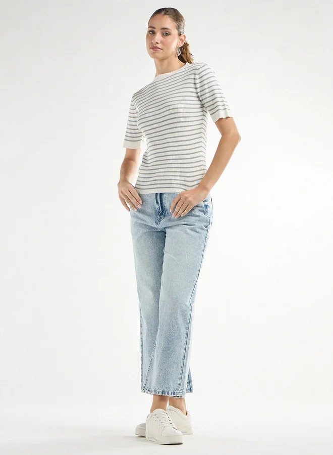 Splash FAV Striped High Neck T-shirt with Short Sleeves