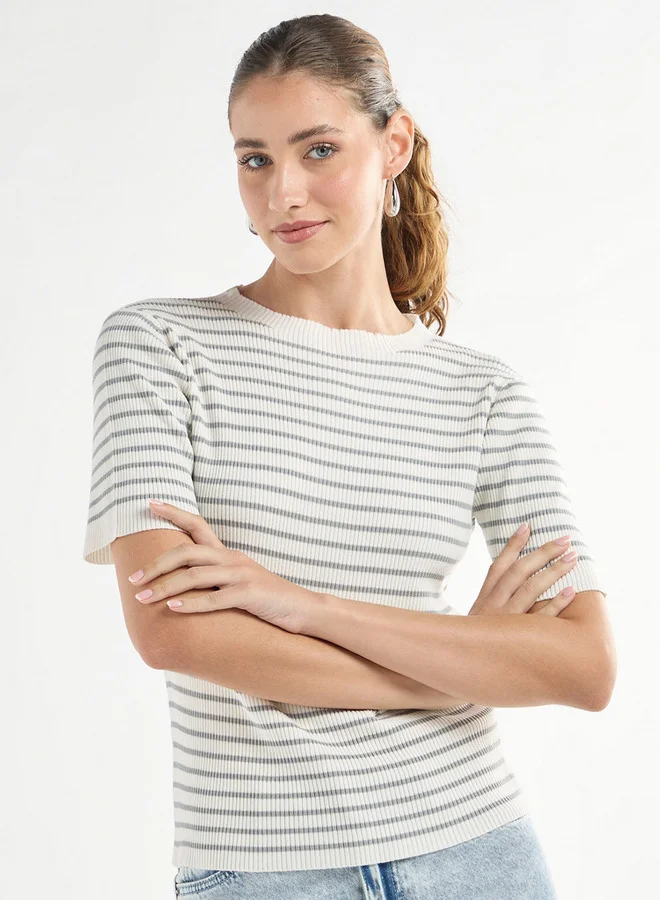 Striped High Neck T-shirt with Short Sleeves