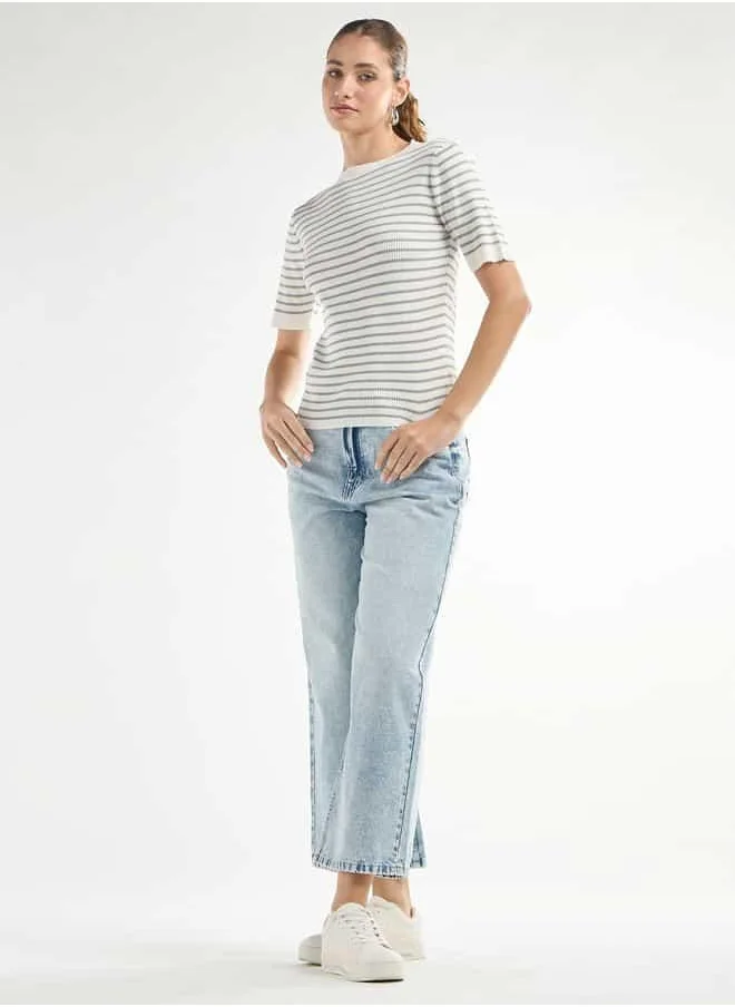 FAV Striped High Neck T-shirt with Short Sleeves