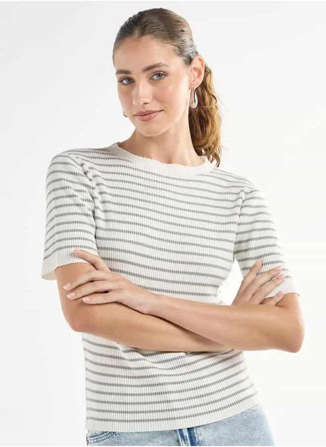 FAV Striped High Neck T-shirt with Short Sleeves