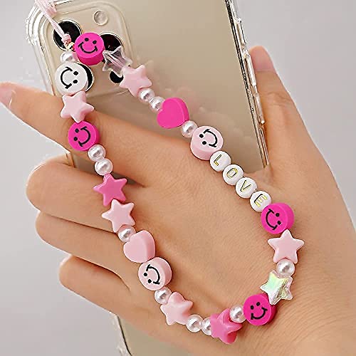 LUSTEMBER Cute Beaded Phone Charm, Smiley Face Wrist Strap, Colorful Handmade Polymer Clay and Pearl Chain - Image 1