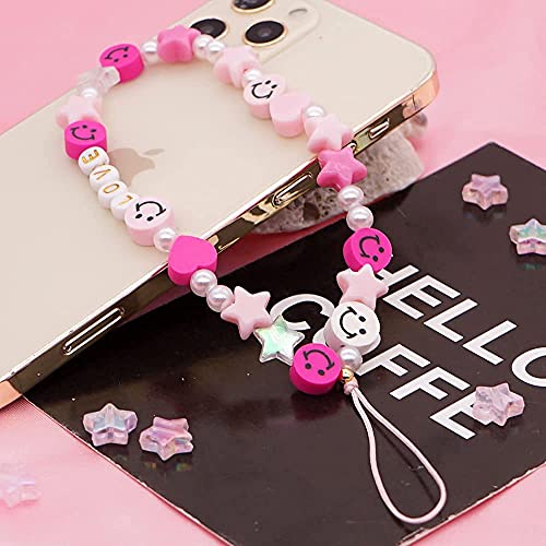 LUSTEMBER Cute Beaded Phone Charm, Smiley Face Wrist Strap, Colorful Handmade Polymer Clay and Pearl Chain - Image 2