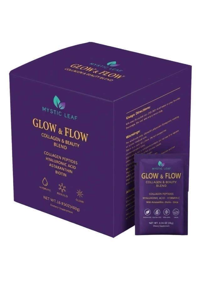 ميستيك ليف مسحوق الكولاجين البحري في أكياس – Glow & Flow مكمل غذائي للجمال للبشرة والشعر والترطيب | أستازانتين، حمض الهيالورونيك، فيتامين C | كولاجين حلال | 30 كيس بنكهة التوت | مع البيوتين والزنك والسيليكا - Image 1