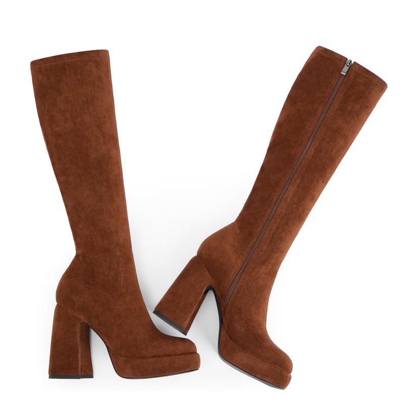 Modatope Knee High Platform Boots for Women Chunky Heel Brown Suede Platform Knee High Boots Womens Rounded Toe Side Zipper Tall Boots for Women Size 8 - Image 4