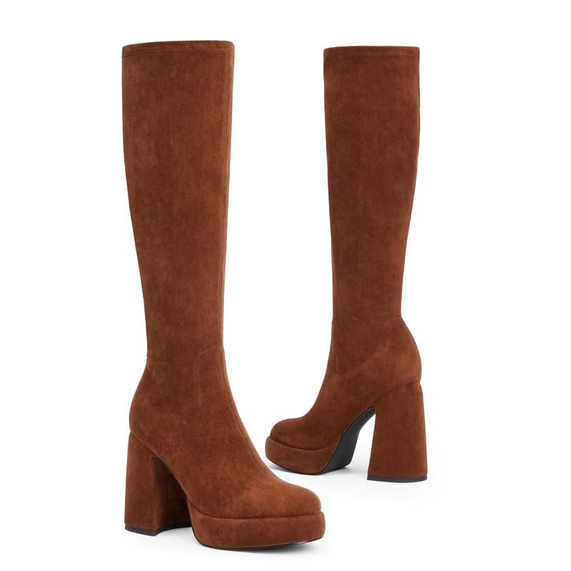Modatope Knee High Platform Boots for Women Chunky Heel Brown Suede Platform Knee High Boots Womens Rounded Toe Side Zipper Tall Boots for Women Size 8 - Image 3