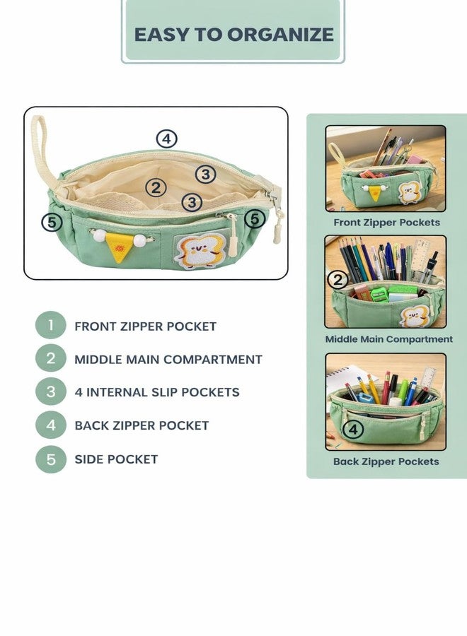 Buybeat Pencil Case Pouch for Girls & Boys Aesthetic Multi-Compartment Zipper Pouch with Drawstring Pocket, Cute Kawaii Pencil Case, Stylish Stationery Bag for School, College & Office Use (SUN GREEN) - Image 3