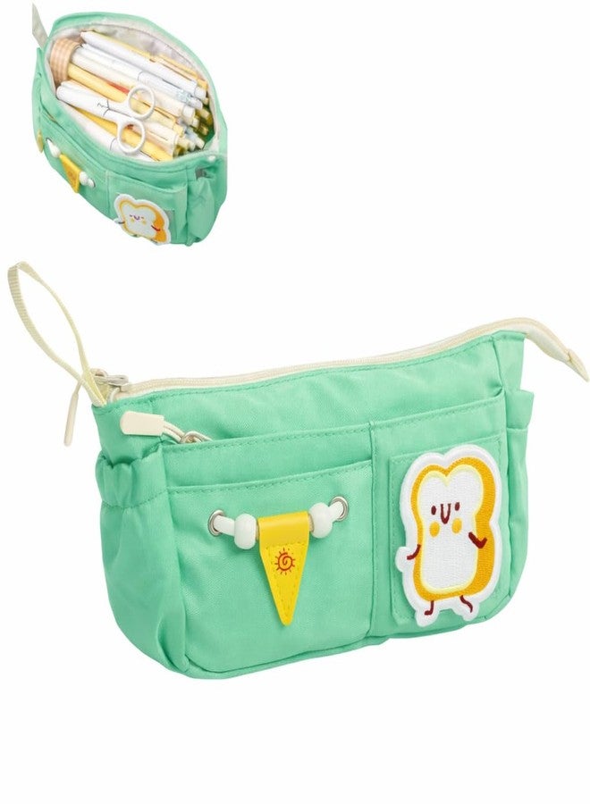 Buybeat Pencil Case Pouch for Girls & Boys Aesthetic Multi-Compartment Zipper Pouch with Drawstring Pocket, Cute Kawaii Pencil Case, Stylish Stationery Bag for School, College & Office Use (SUN GREEN) - Image 1