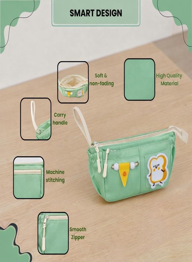 Buybeat Pencil Case Pouch for Girls & Boys Aesthetic Multi-Compartment Zipper Pouch with Drawstring Pocket, Cute Kawaii Pencil Case, Stylish Stationery Bag for School, College & Office Use (SUN GREEN) - Image 2