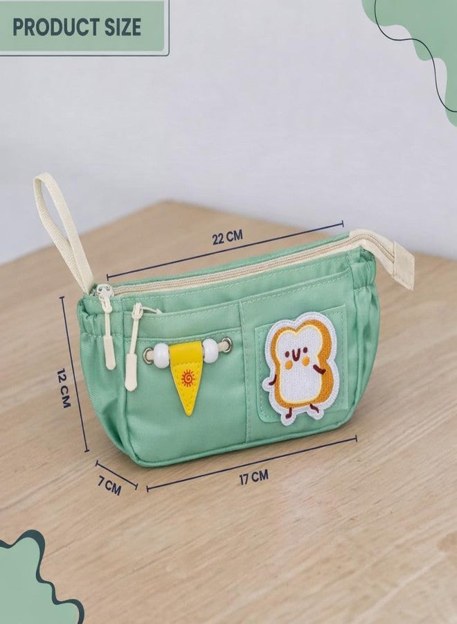 Buybeat Pencil Case Pouch for Girls & Boys Aesthetic Multi-Compartment Zipper Pouch with Drawstring Pocket, Cute Kawaii Pencil Case, Stylish Stationery Bag for School, College & Office Use (SUN GREEN) - Image 4