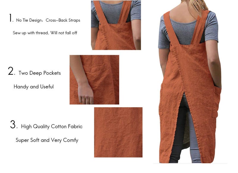 Larmliss Women 's Pinafore Square Apron Baking Cooking Gardening Works Cross Back Cotton/Linen Blend Dress with 2 Pockets Orange-M - Image 2