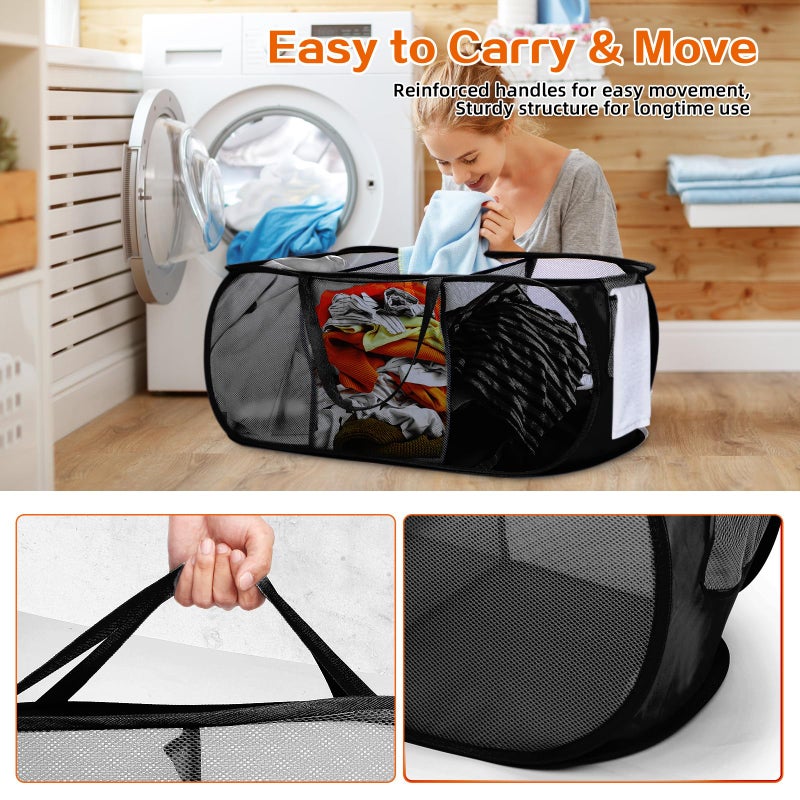 Bemkoo Foldable Laundry Baskets, Collapsible Mesh Laundry Hamper, Durable Pop Up Laundry Basket, 3 Compartments Clothes Hampers for Laundry, Easy to Carry & Sort for Dorm, Home, Kids Room, Travel Black - Image 5