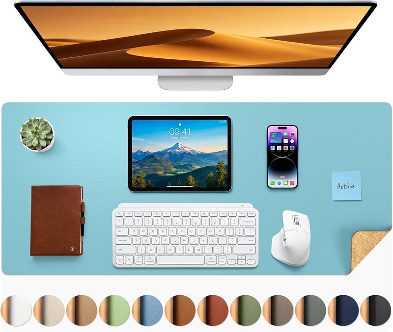 Aothia Double-Sided Desk Pad – 35.4" x 15.7" Leather Desk Mat with Eco Cork Protector, Large Mouse Pad, Waterproof Desk Blotter for Office/Home (Blue Topazn) - Image 1