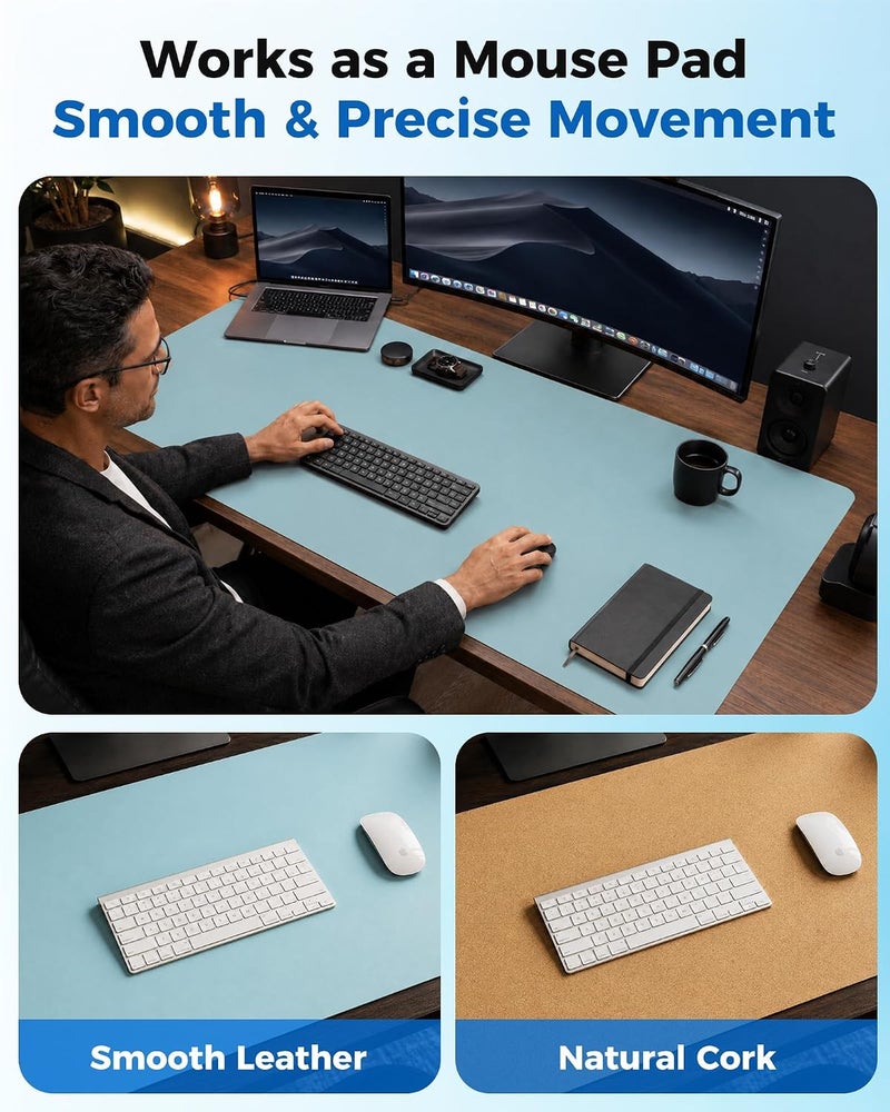 Aothia Double-Sided Desk Pad – 35.4" x 15.7" Leather Desk Mat with Eco Cork Protector, Large Mouse Pad, Waterproof Desk Blotter for Office/Home (Blue Topazn) - Image 3