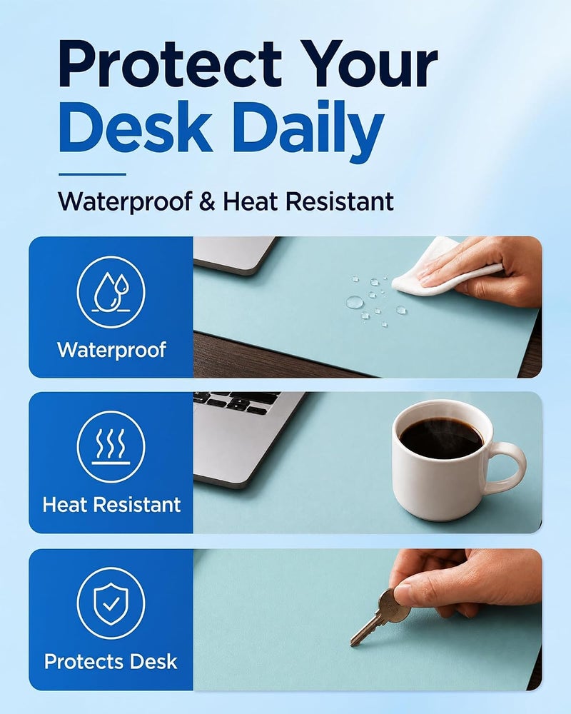 Aothia Double-Sided Desk Pad – 35.4" x 15.7" Leather Desk Mat with Eco Cork Protector, Large Mouse Pad, Waterproof Desk Blotter for Office/Home (Blue Topazn) - Image 5