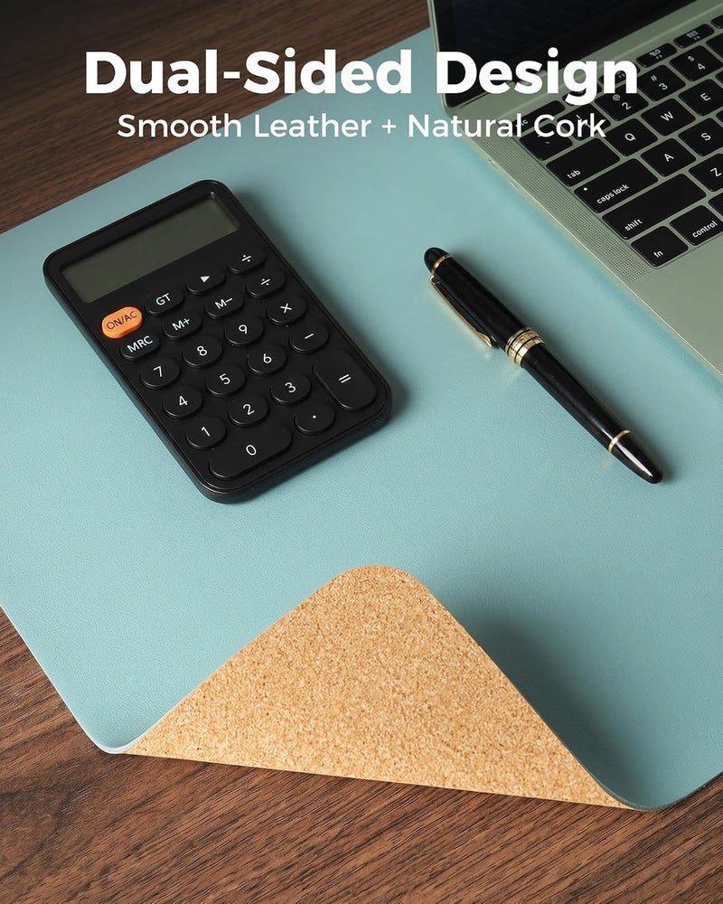 Aothia Double-Sided Desk Pad – 35.4" x 15.7" Leather Desk Mat with Eco Cork Protector, Large Mouse Pad, Waterproof Desk Blotter for Office/Home (Blue Topazn) - Image 2